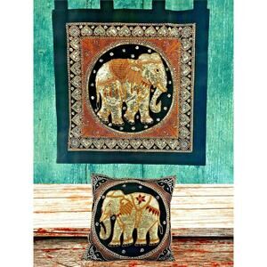 Vintage ELEPHANT Sequined Tapestry Wall Hanging Pillow SET Thai Burmese Kalaga